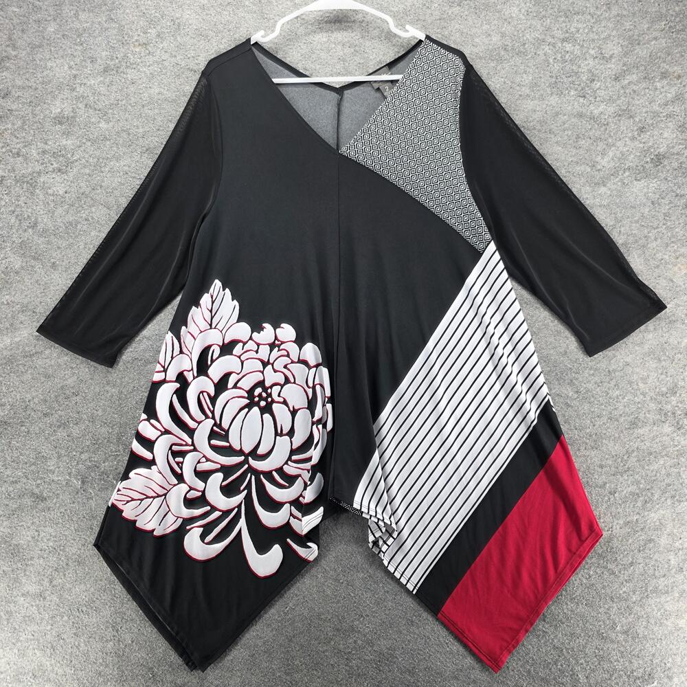 Chico's Blouse Tunic Womens 2 Black Floral V-Neck 3/4 Sleeve Relaxed Fit